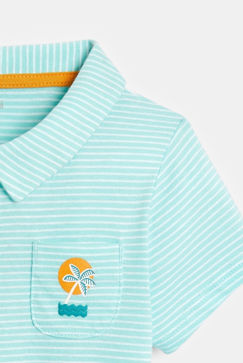 Polo fines rayures palmier poche bleu bébé garçon