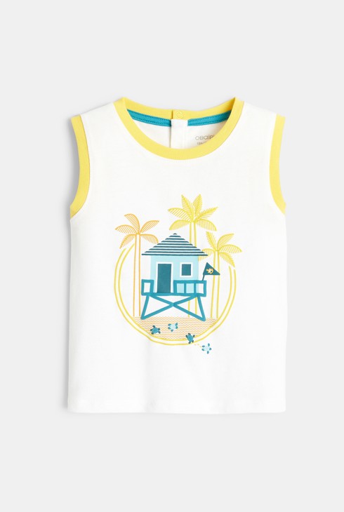 Majica brez rokavov z motivom koče na plaži bela dojenček deček 1