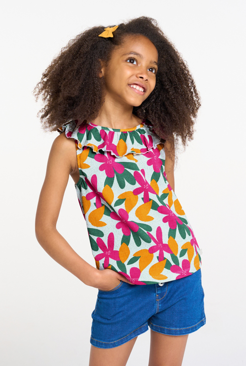 Bedrucktes rosa Tanktop mit Volantkragen für Mädchen 1