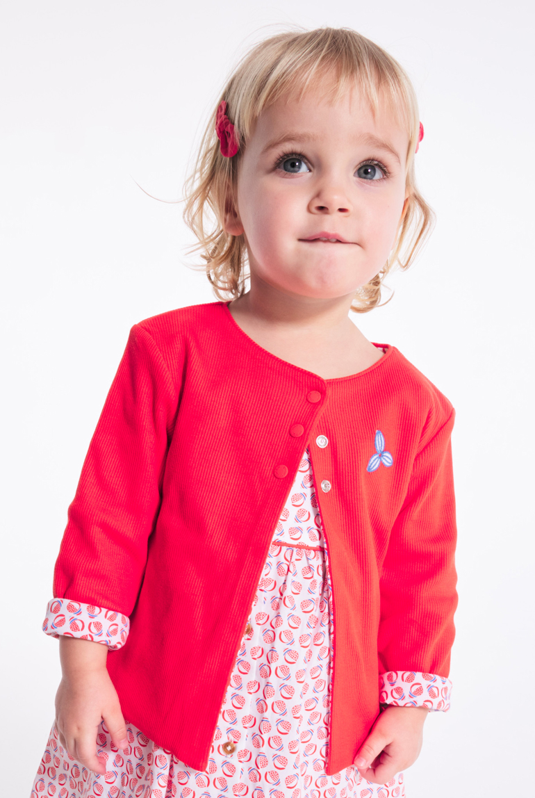 Gilet réversible maille côtelée et imprimée orange bébé fille 1