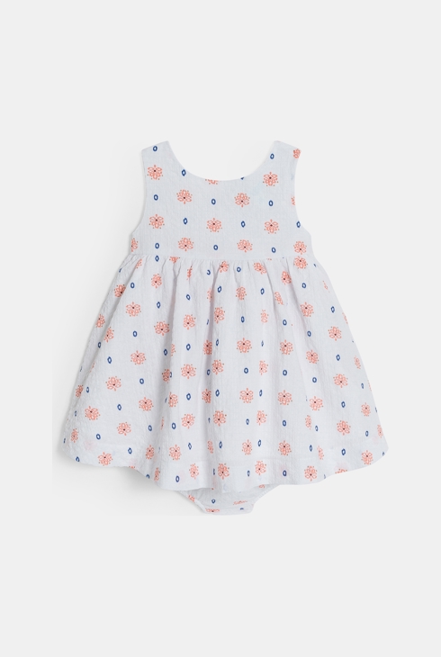 Weißes Baby-Trägerkleid mit Waffelstruktur und Bloomers für Mädchen 1
