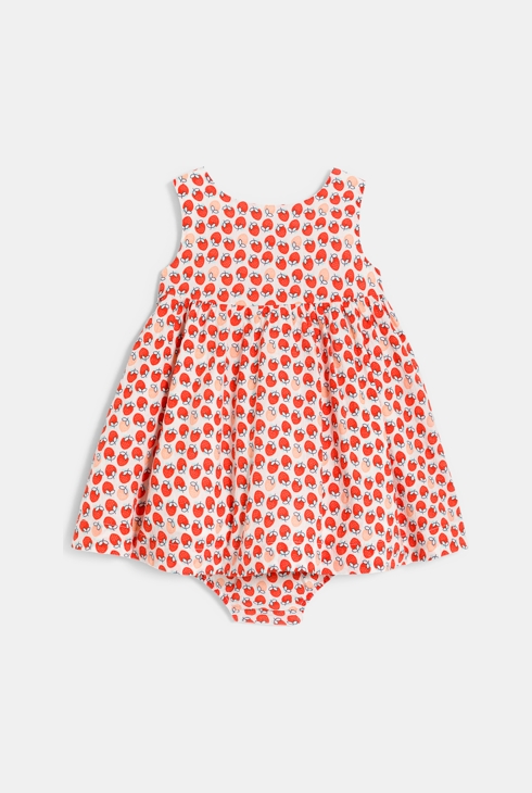 Oranje jurk van wafelstof met schouderbandjes, bloemenprint en bloomer voor babymeisjes 1