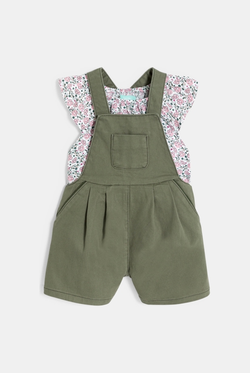 Salopette courte et blouse paons kaki bébé fille