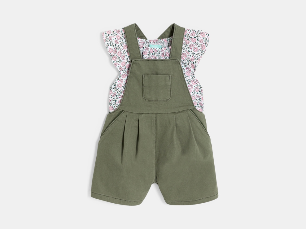 Salopette courte et blouse paons kaki bébé fille 1