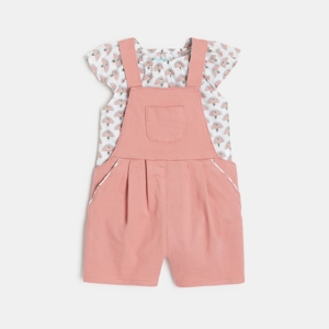 Salopette courte et blouse paons rose bébé fille 1