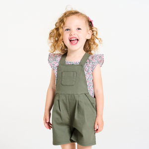 Baby girl's khaki short overalls and peacock blouse 1