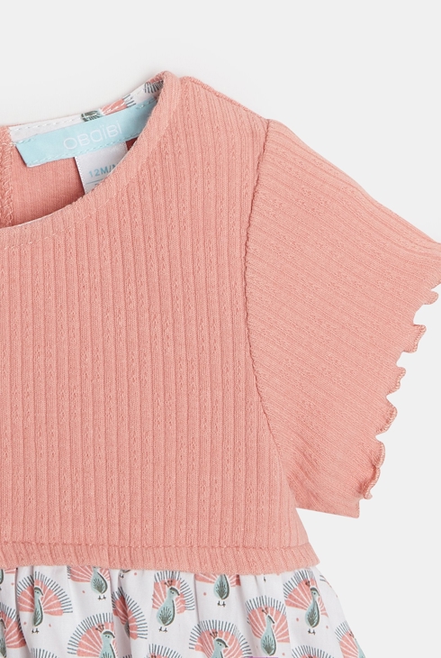 Robe bi-matière imprimée paons rose bébé fille