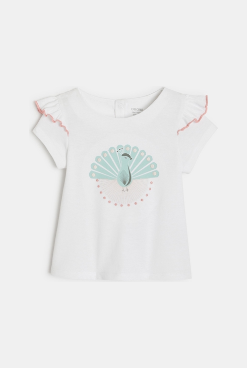T-shirt volants imprimé paon blanc bébé fille 1
