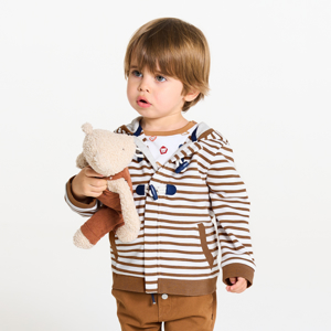 Gestreepte sweater met rits en molton capuchon bruin babyjongen 1