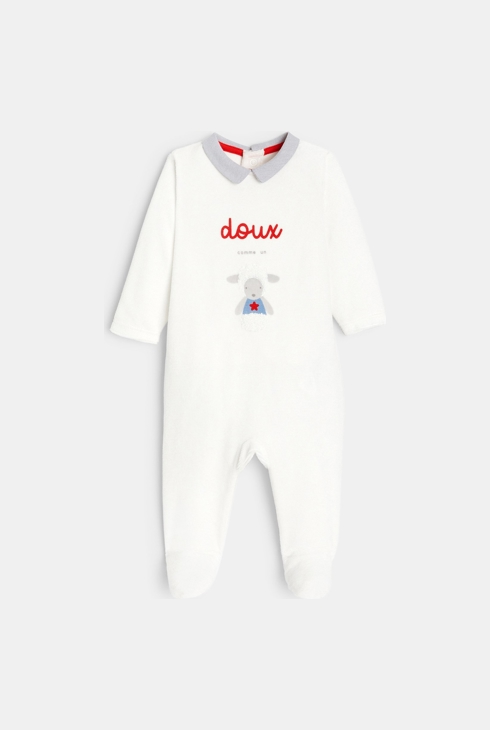 Spalni pajac iz modnega velurja z motivom jagenjčka bela dojenček deček 1