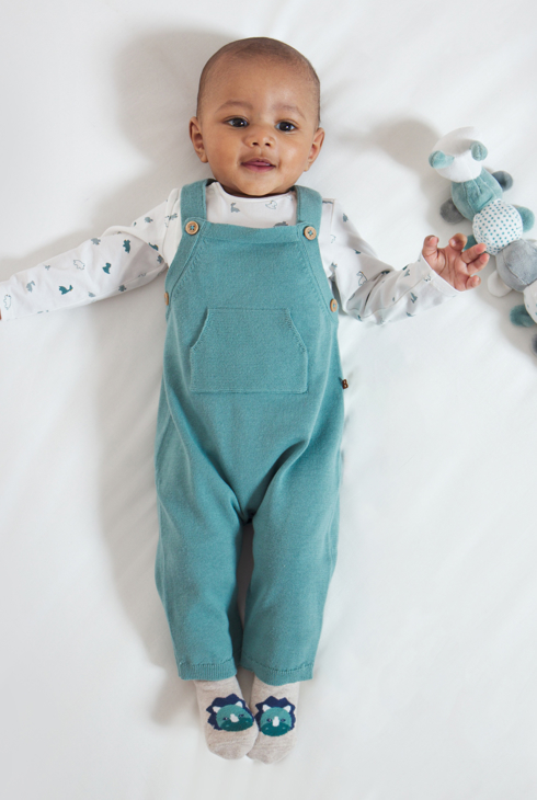 Strick-Latzhose und Body mit Dinosauriern Grün Geburt 1