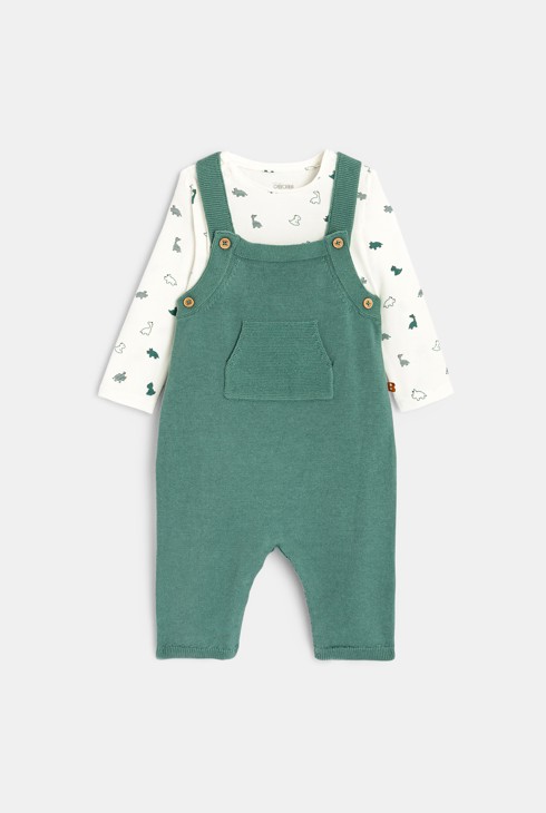 Strick-Latzhose und Body mit Dinosauriern Grün Geburt 2