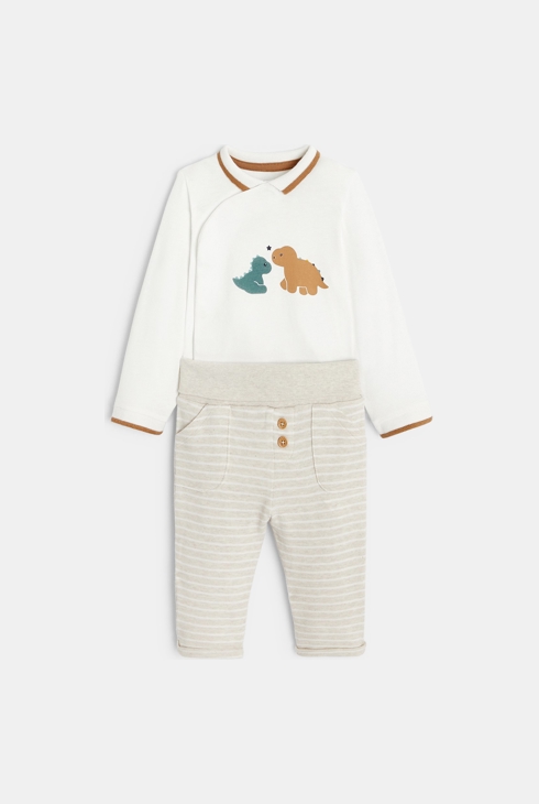Dinosaurier-Body Polokragen und gestreifte weiche Hose, weiß, für Neugeborene 1