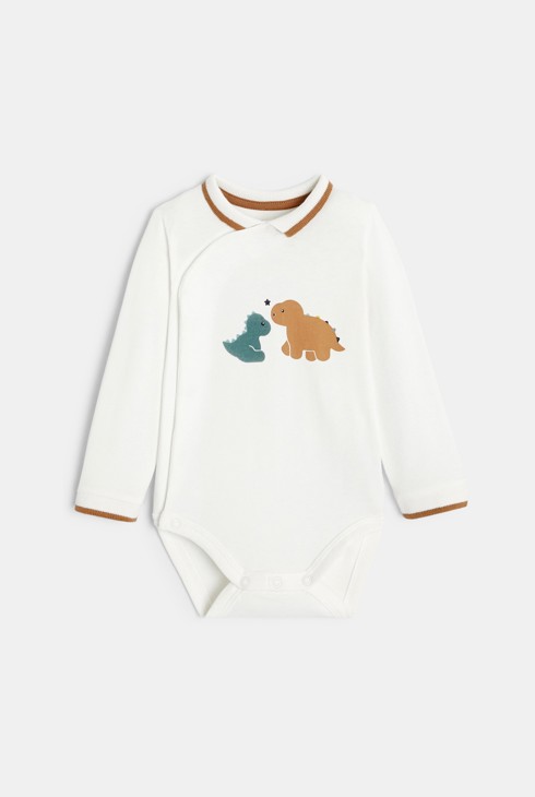 Dinosaurier-Body Polokragen und gestreifte weiche Hose, weiß, für Neugeborene 2