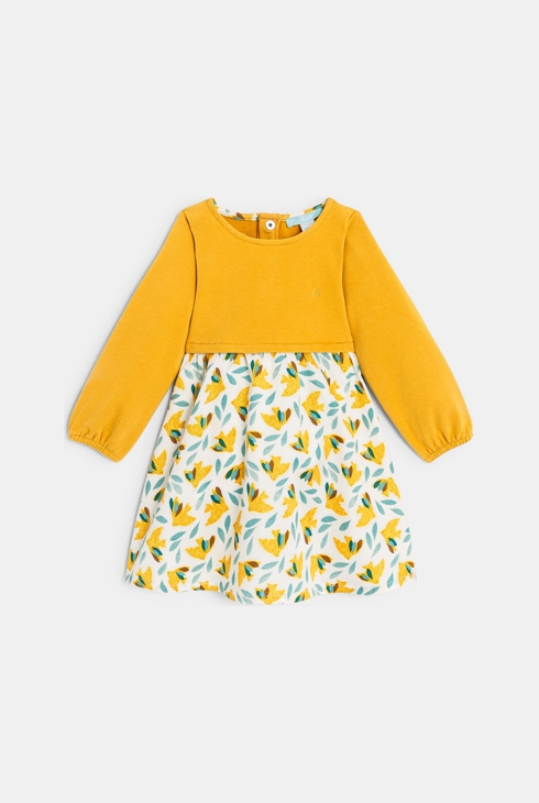 Robe bi-matière imprimée oiseaux jaune bébé fille