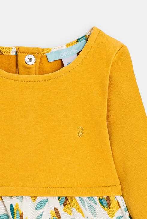 Robe bi-matière imprimée oiseaux jaune bébé fille