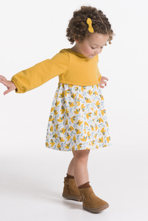Kleid aus zwei Materialien mit Vogelprint Gelb Baby Mädchen 2