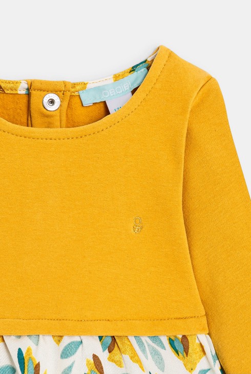 Kleid aus zwei Materialien mit Vogelprint Gelb Baby Mädchen 2