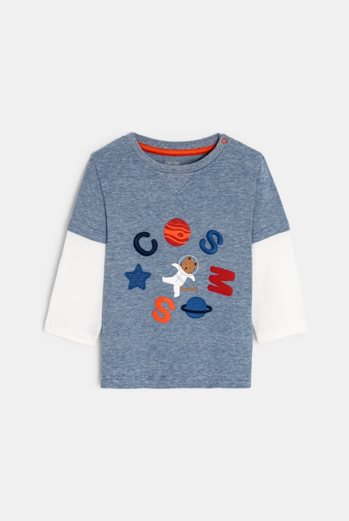 Blaues gestreiftes Baby-T-Shirt mit 2-in-1-Effekt, Astronautenkatzenmotiv, Jungen 1
