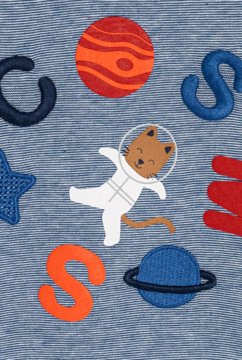 Blaues gestreiftes Baby-T-Shirt mit 2-in-1-Effekt, Astronautenkatzenmotiv, Jungen 2
