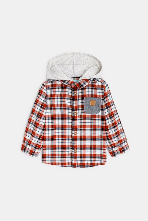 Kariertes orangefarbenes Baby-Hemd mit Kapuze für Jungen 2
