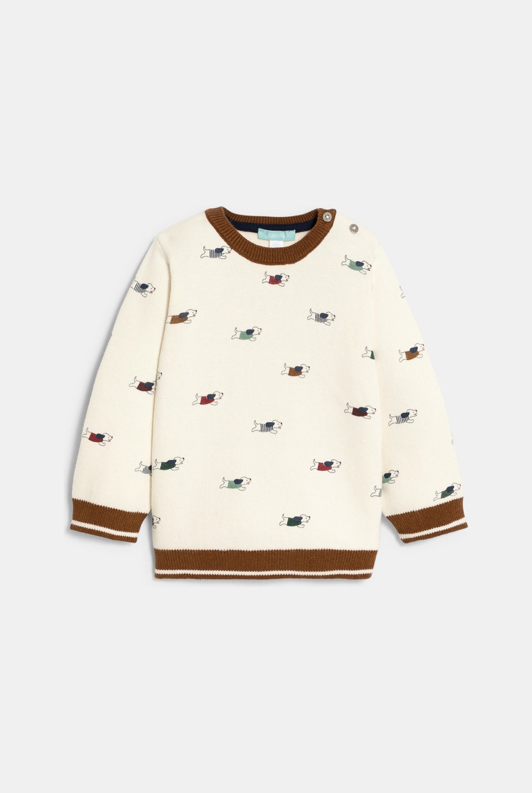 Pull épais maille tricot imprimé animaux blanc bébé garçon 1