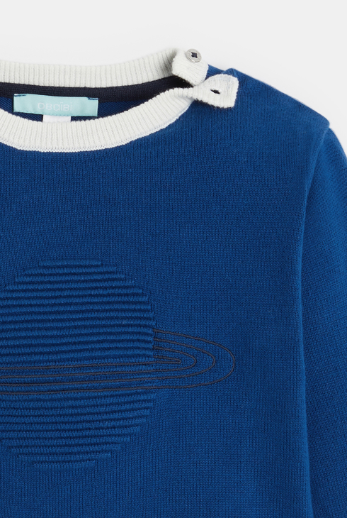 Pull maille tricot planète en relief bleu bébé garçon