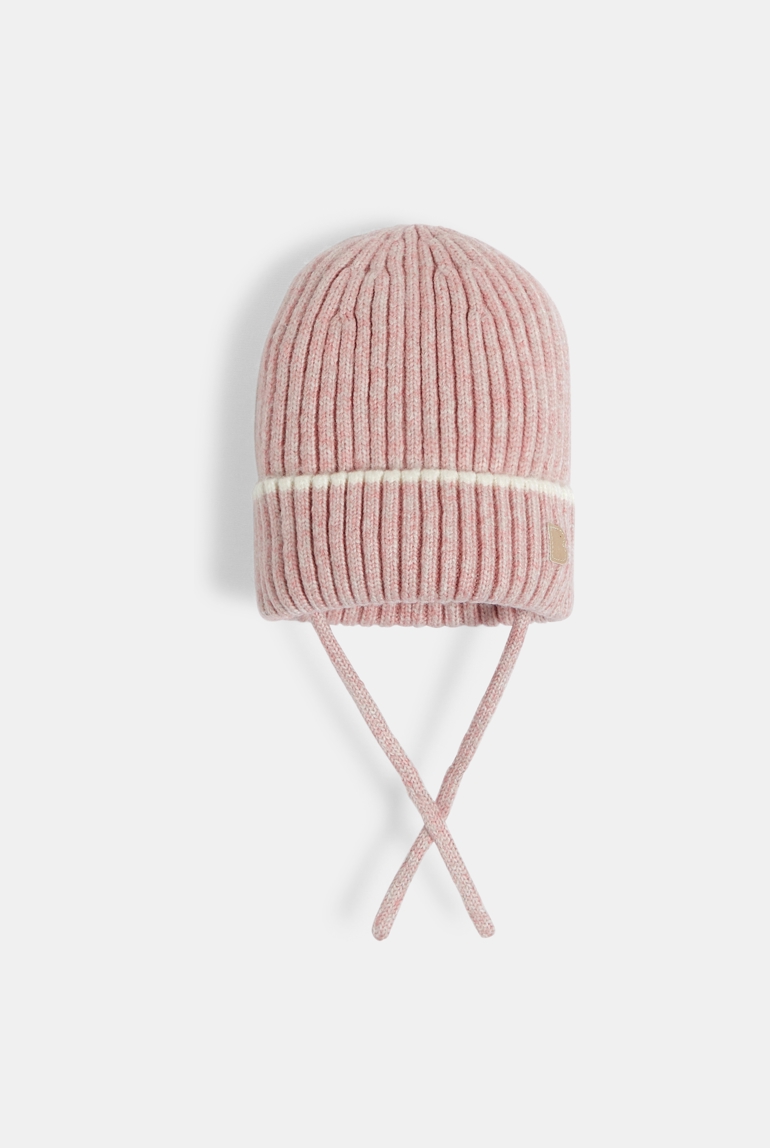 Bonnet en maille tricot à revers rose bébé fille 1