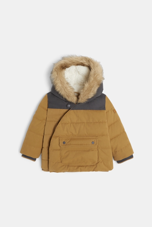 Manteau matelassé polaire à capuche bordée marron bébé garçon 1