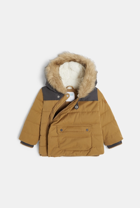 Manteau matelassé polaire à capuche bordée marron bébé garçon 2