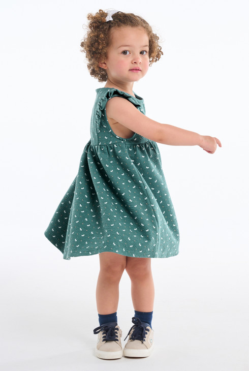 Robe à volants en coton fantaisie imprimé libellules vert bébé fille 1