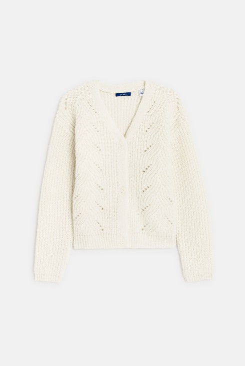 Strickjacke mit Zopfmuster und V-Ausschnitt Weiß Mädchen 1