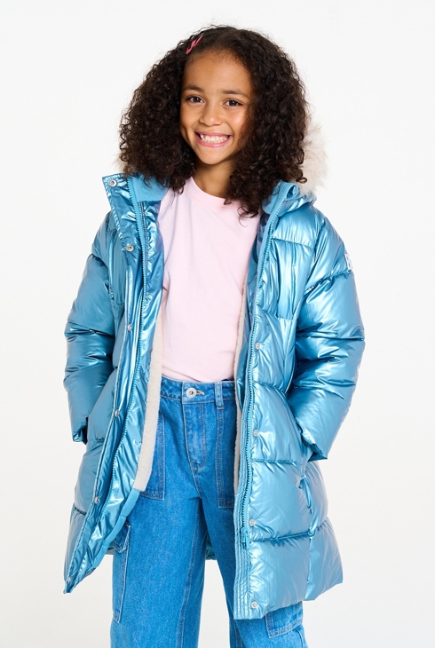 Wasserabweisende lange Steppjacke in Blau für Mädchen 1