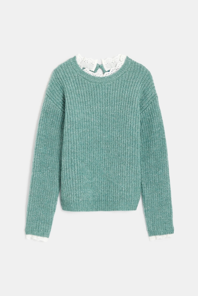 Pull côtelé à effet superposé vert Fille 1