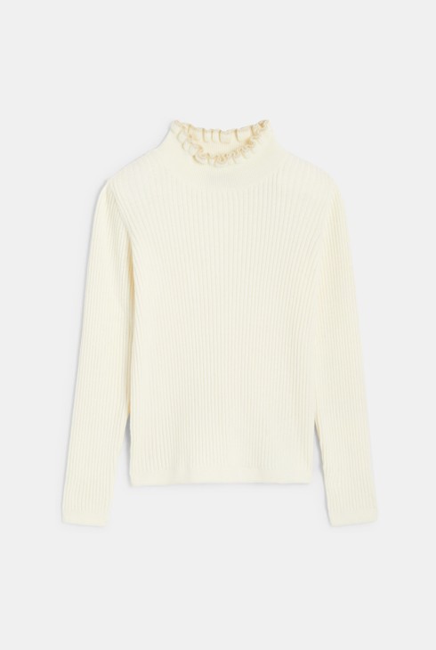 Gerippter Pullover mit Rüschenkragen Weiß Mädchen 2