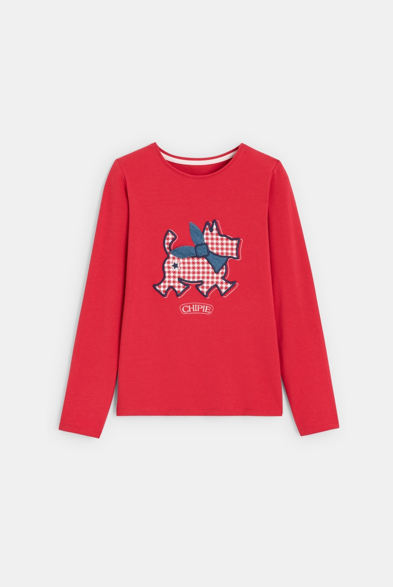 Camiseta con terrier escocés bordado en rojo de niña 1