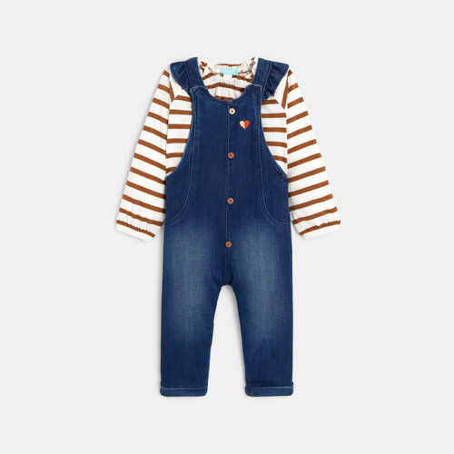 Salopette Denim Bleue Et Sweat Rayé Bébé Fille - Denim Dark Blue - 6M - OBAIBI