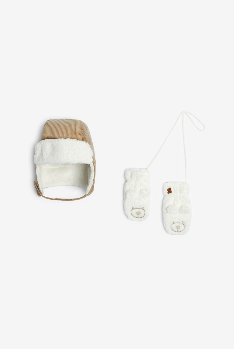 Chapka velours doublée ours brodé et moufles marron bébé garçon 1