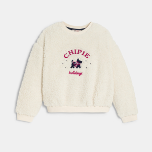 Sneeuwwite sweater met kunstbont en geborduurde Schotse terriër voor meisjes - Chipie 1