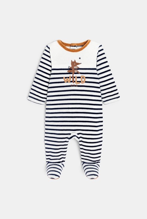 Blauer Baby-Strampler aus Samt mit Fuchsstreifen für Jungen 1