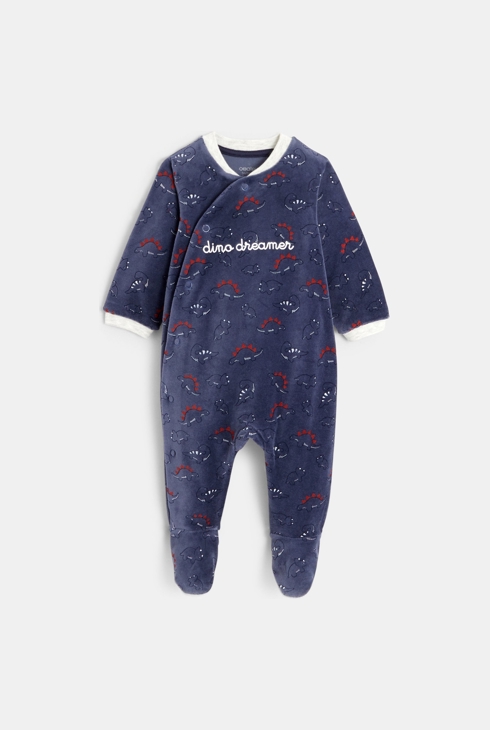 Spalni pajac iz žameta z dinozavri modra dojenček deček 1