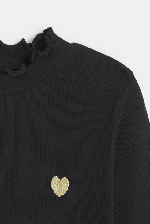 T-shirt côtelé broderie cœur noir fille