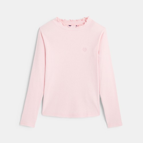 T-shirt Côtelé Broderie Cœur Rose Fille - Rose Thé - 3A - OKAIDI