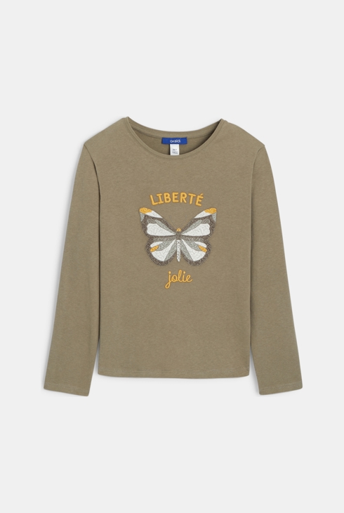 Langärmeliges T-Shirt mit Schmetterlingsmotiv Grün Mädchen 1