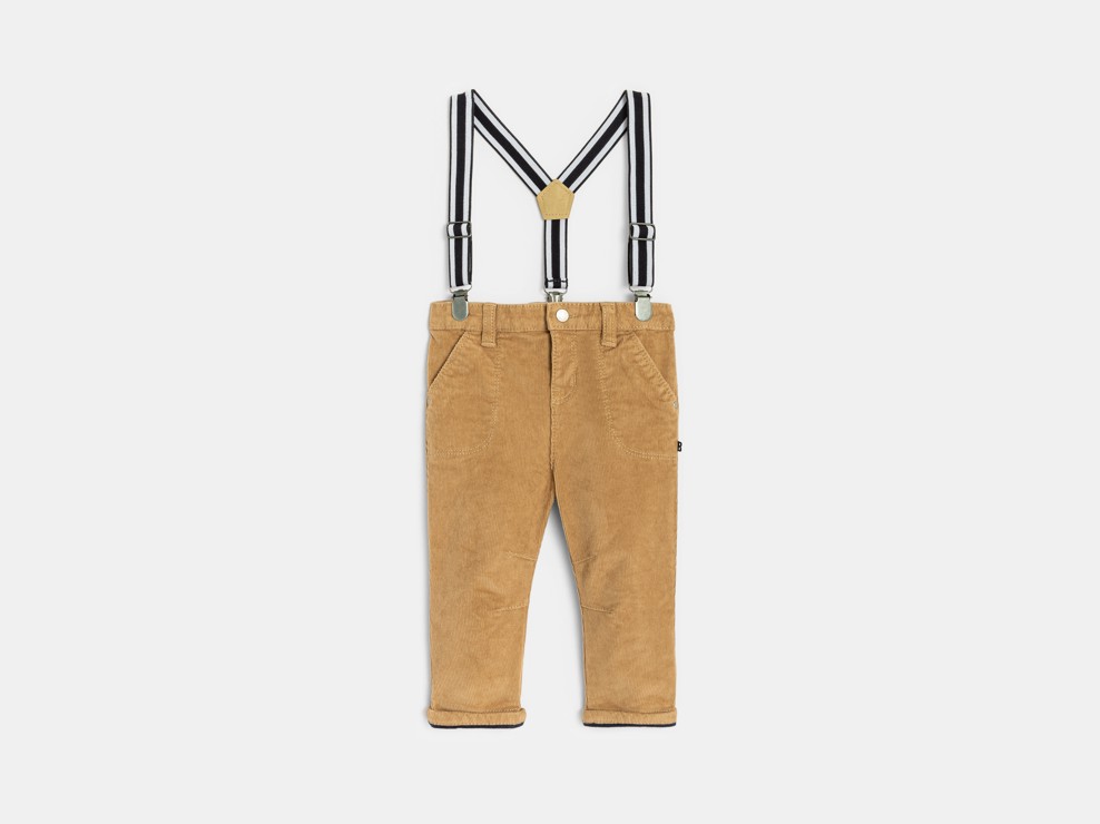 Spodnie sztruksowe na szelkach beżowe niemowlę chłopiec 1