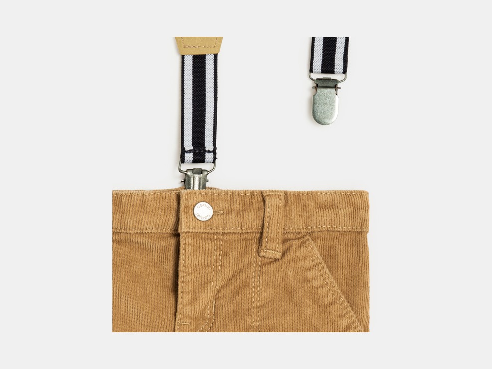 Spodnie sztruksowe na szelkach beżowe niemowlę chłopiec 2