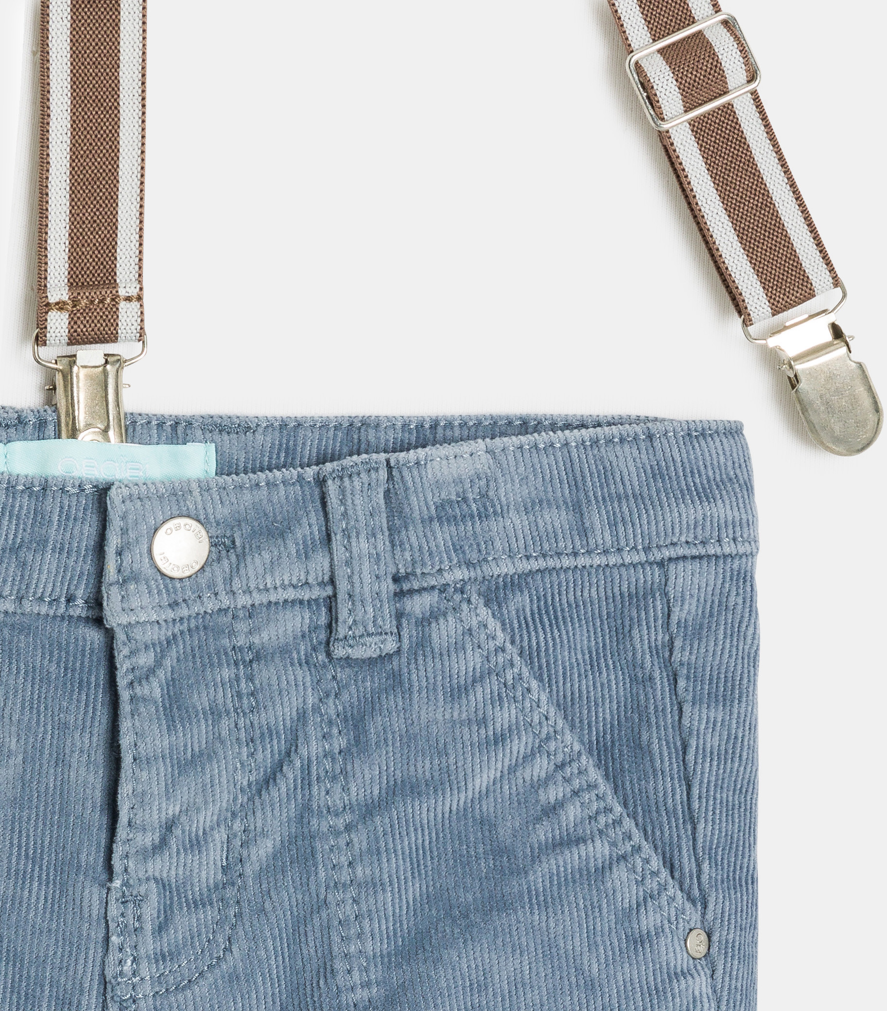 Pantalon velours côtelé à bretelles bleu bébé garçon