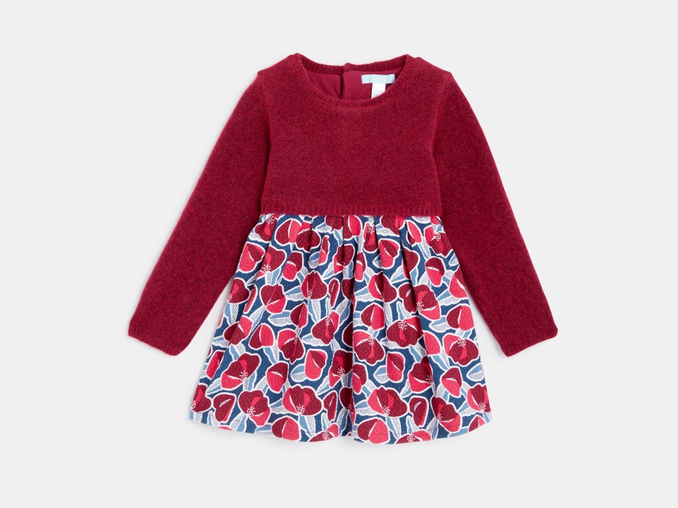 Abito bimateriale in maglia e seersucker rosa bimba 1