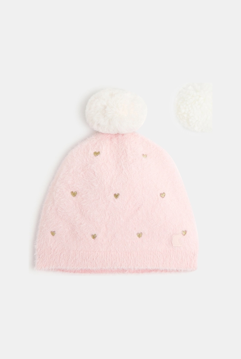 Rosa Mütze mit abnehmbarem Pompon für Mädchen 1