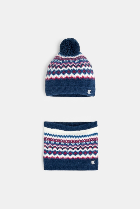 Dekliška koordinirana kapa + šal snood s skandinavskimi motivi mornarsko modra 1